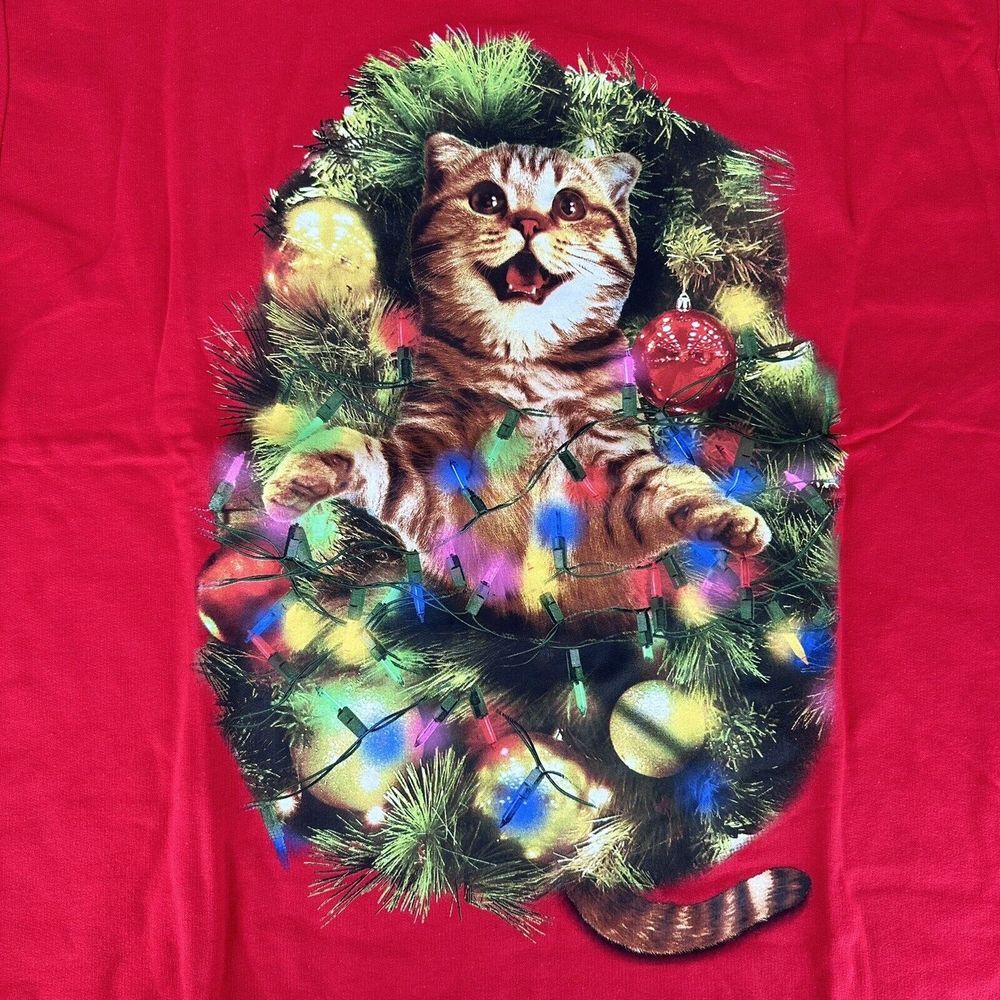 Christmas Holiday Ugly Sweater Cat Tree Tangled Lights Red Men's‎ Size XL